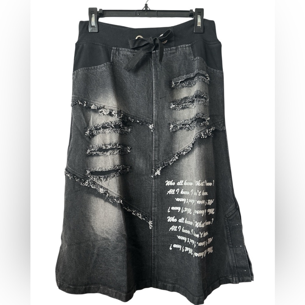 Black Distressed Look Denim Medium Skirt